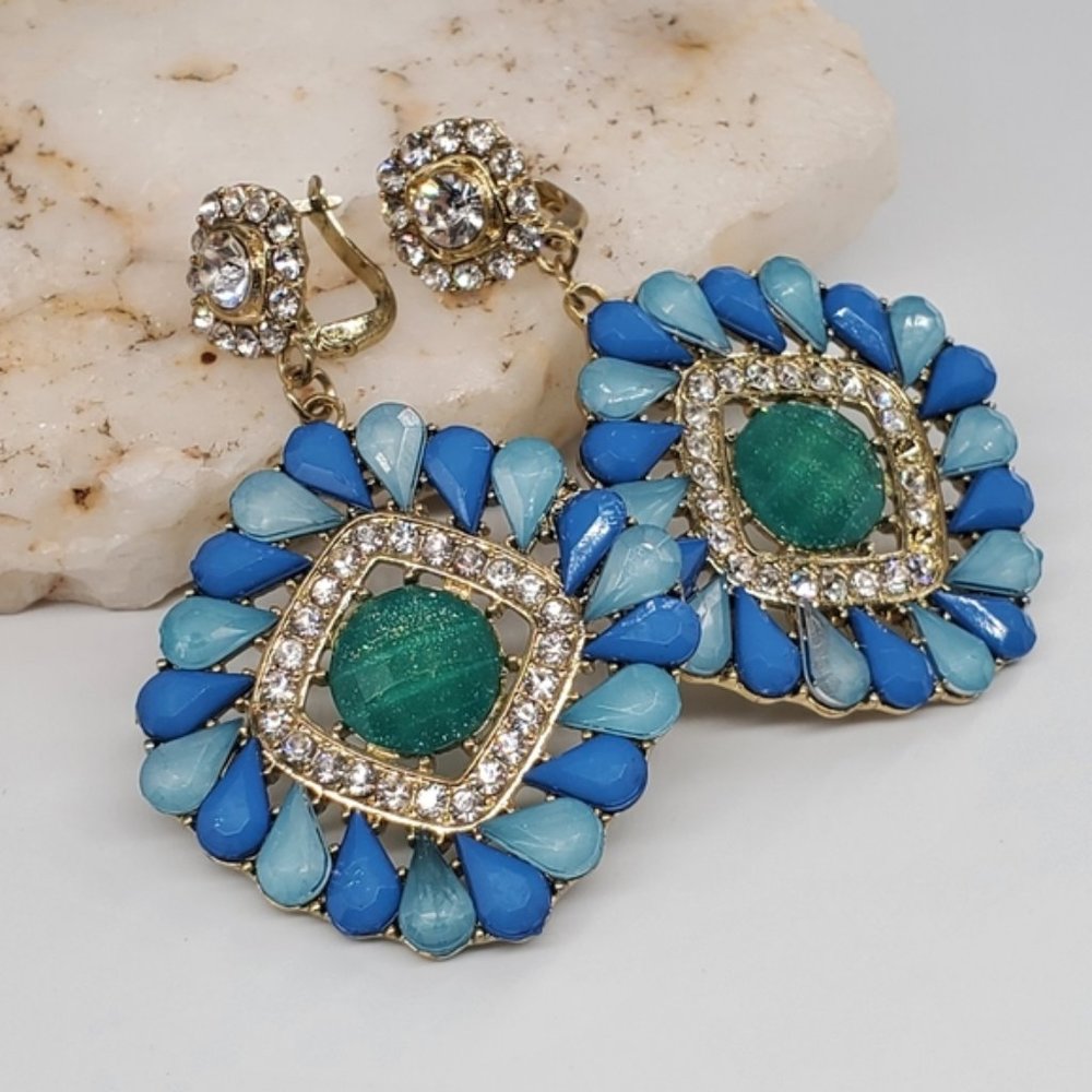 ❤️ Gold Vintage Jewelry Blue Crystal's Dangling Earrings Boho